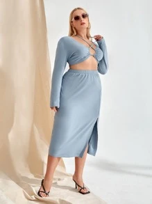 SHEIN Unity Top corto de cuello halter con falda con abertura - Neblina azul - Ver 3