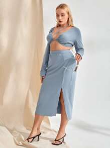 SHEIN Unity Top corto de cuello halter con falda con abertura - Neblina azul - Ver 4