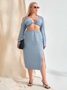 SHEIN Unity Top corto de cuello halter con falda con abertura - Neblina azul - Ver 5