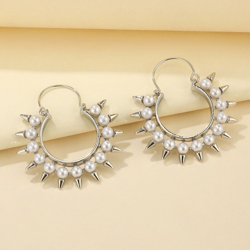 

Faux Pearl Hoop Earrings, Silver