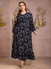 Plus Allover Floral Print Bishop Sleeve Ruffle Hem Dress - Navy Blue - View 1