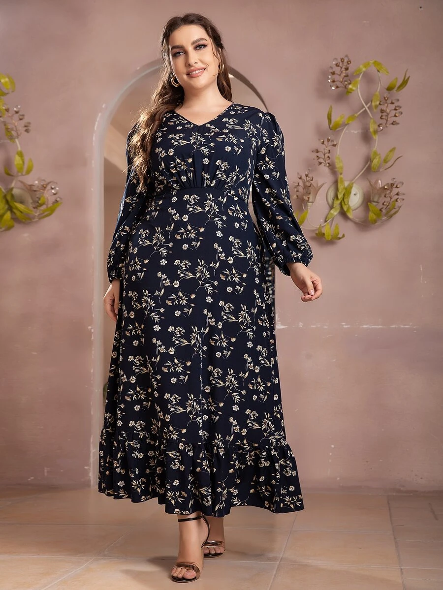 Plus Allover Floral Print Bishop Sleeve Ruffle Hem Dress - Navy Blue - View 1