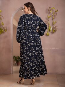 Plus Allover Floral Print Bishop Sleeve Ruffle Hem Dress - Navy Blue - View 2