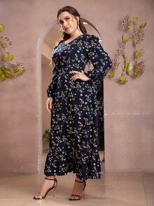 Plus Allover Floral Print Bishop Sleeve Ruffle Hem Dress - Navy Blue - View 3