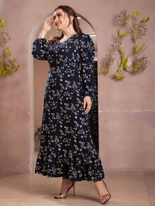 Plus Allover Floral Print Bishop Sleeve Ruffle Hem Dress - Navy Blue - View 4