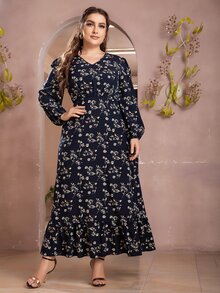 Plus Allover Floral Print Bishop Sleeve Ruffle Hem Dress - Navy Blue - View 5