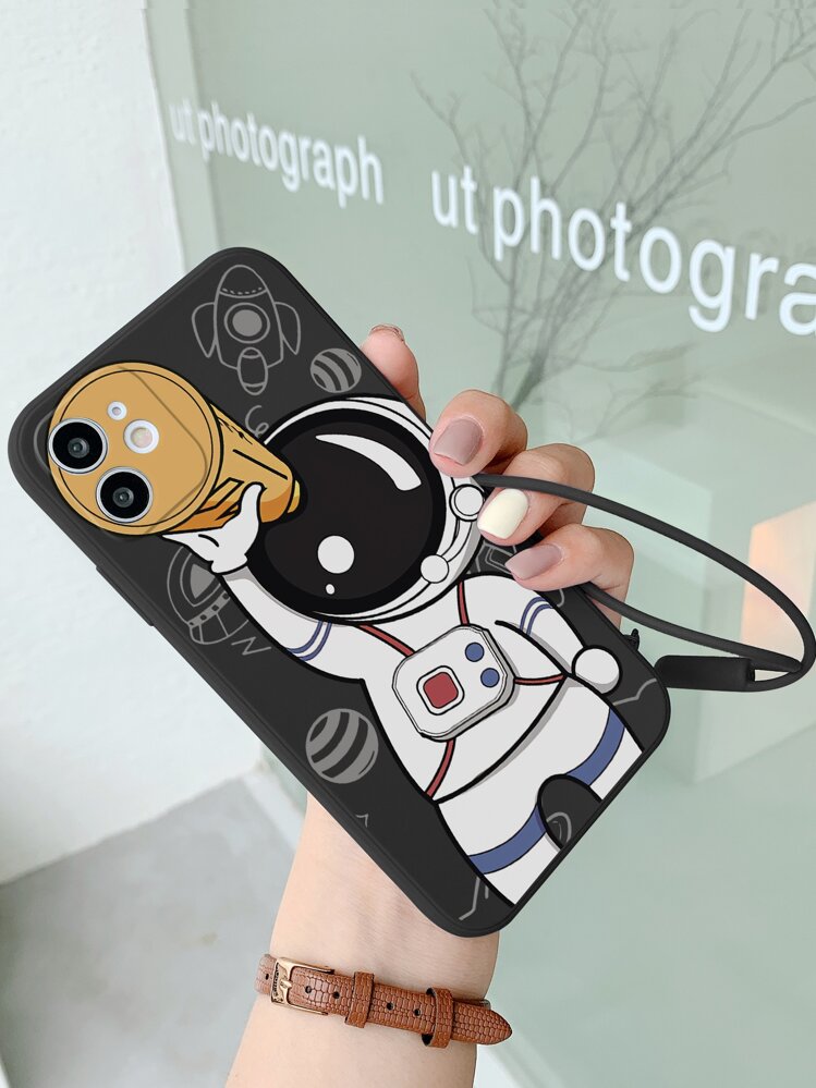 1pc Tpu Astronaut With Telescope Print Case With Hand Strap Compatible With IPhone11,12,13,14,15,15PRO,15PLUS,15PROMAX And Compatible With Samsung Compatible With IPhone15/15Plus/15Pro/15Promax Waterproof Shockproof Anti-Fall Scratch Resistant - Black - View 3