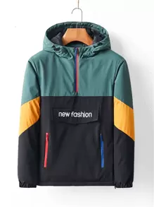 Manfinity Homme Men Colour Block Letter Embroidery Half Zipper Hooded Jacket - Multicolor - View 1