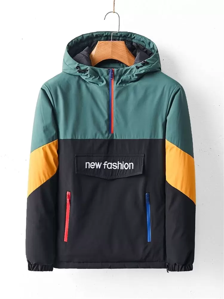 Men Color Block Letter Embroidery Half Zipper Hooded Outdoor Windbreaker Jacket, Going Out Zipper Athletic Long Sleeve Lightweight Jacket, For Friends, Husband, Boyfriend Gifts, Men Hooded Jacket, Men Outerwear, Men Color Block Jacket, For Fall