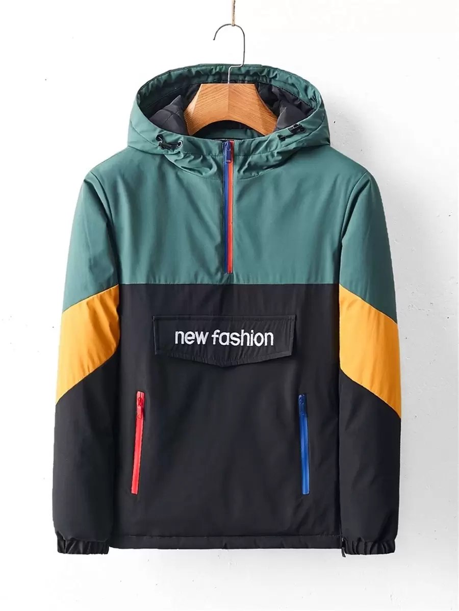 Manfinity Homme Men Colour Block Letter Embroidery Half Zipper Hooded Jacket - Multicolor - View 1