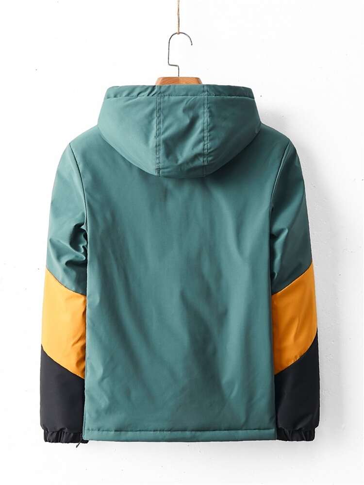 Men Color Block Letter Embroidery Half Zipper Hooded Outdoor Windbreaker Jacket, Going Out Zipper Athletic Long Sleeve Lightweight Jacket, For Friends, Husband, Boyfriend Gifts, Men Hooded Jacket, Men Outerwear, Men Color Block Jacket, For Fall