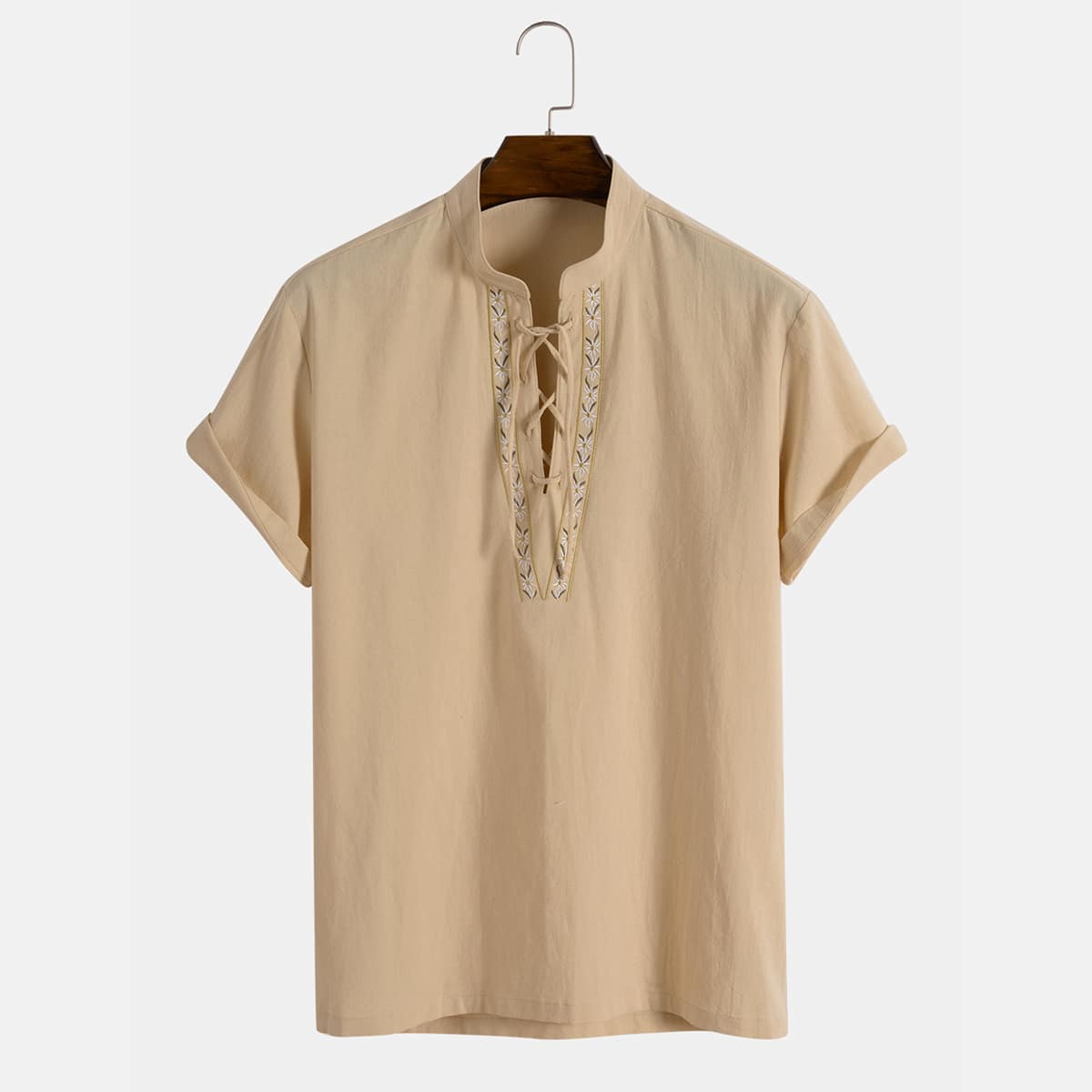 

Guys Floral Embroidery Lace-up Shirt, Khaki