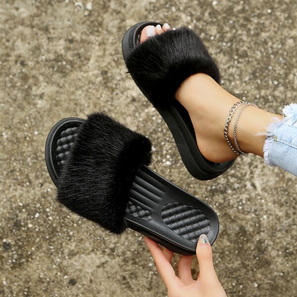 

Minimalist Fluffy Flatform Slide Sandals, Black