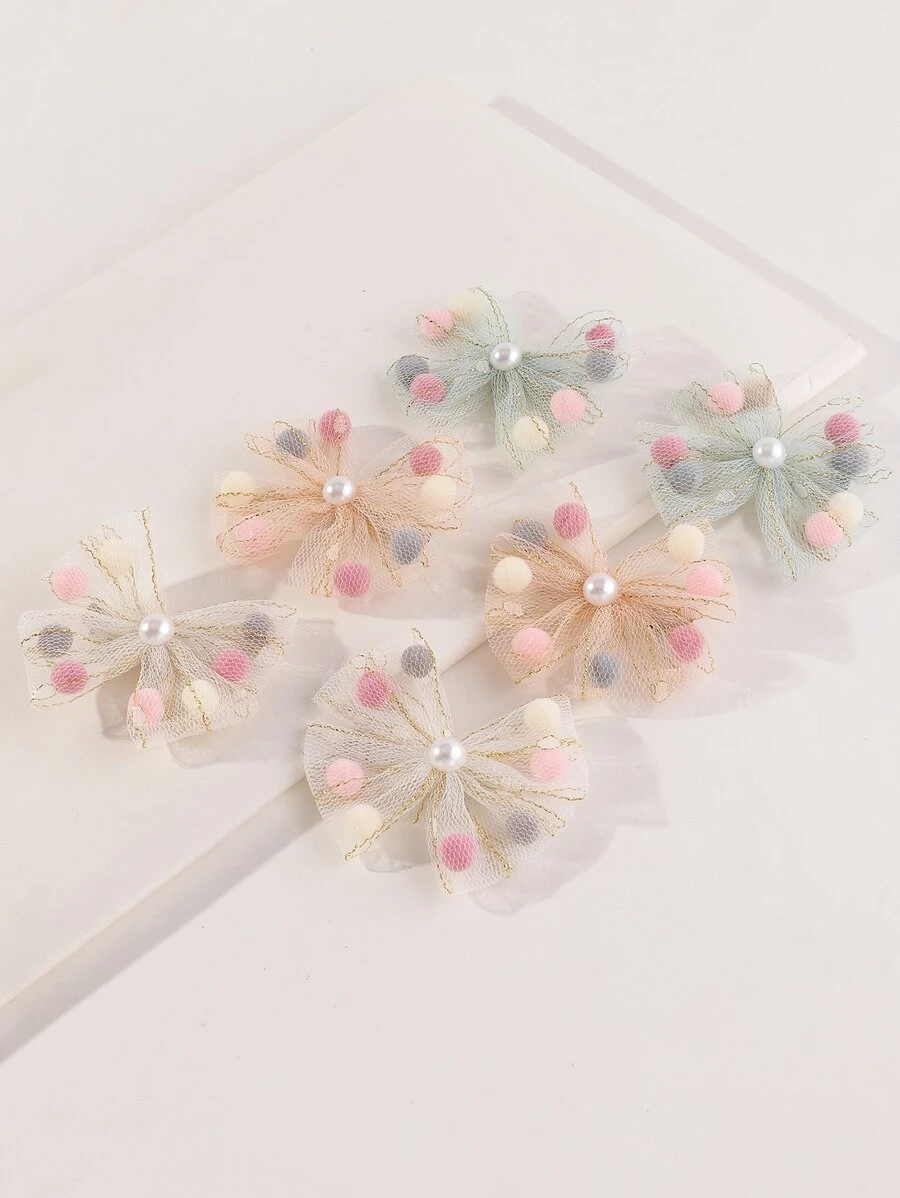 6件套女童网纱蝴蝶结发夹套装，适合日常装饰 - 彩色 - 查看 1