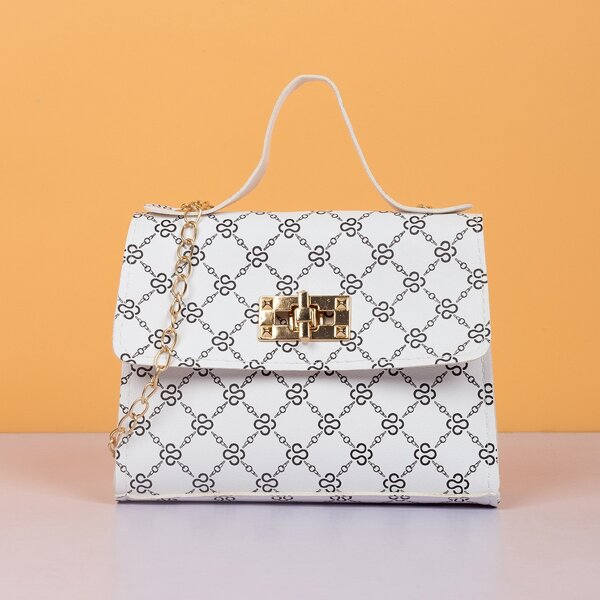 

Geometric Pattern Chain Square Bag, Black and white