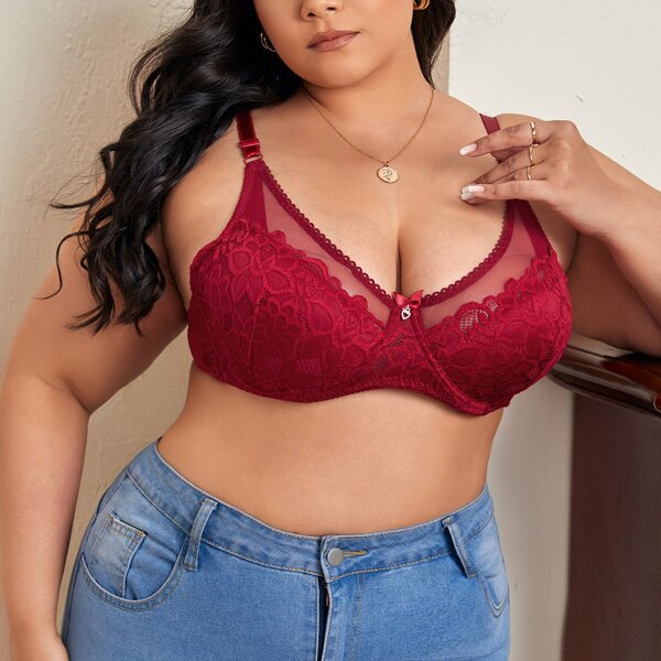 

Plus Floral Lace Underwire Bra, Red