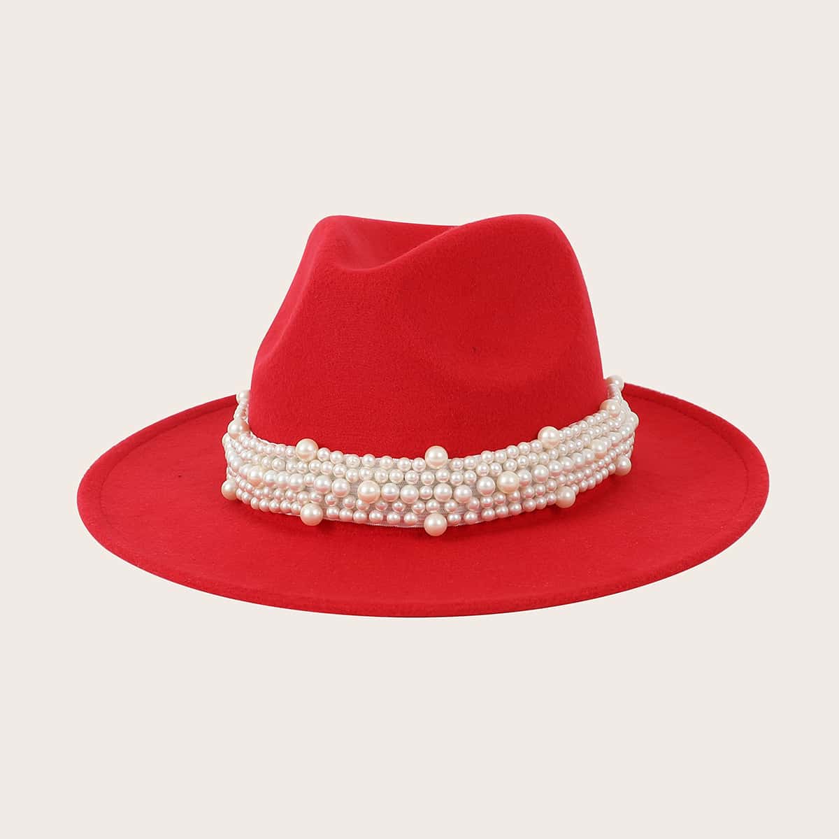 

Faux Pearl Decor Floppy Hat, Red