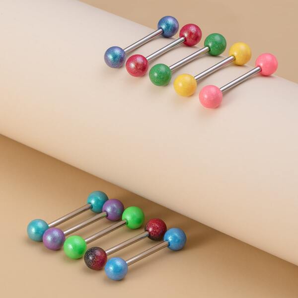

10pcs Round Ball Decor Tongue Barbell Ring, Multicolor