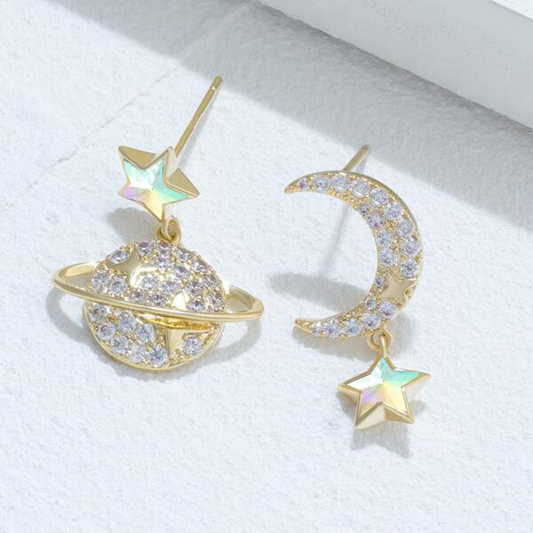 

14K Gold Plated Planet & Moon Mismatched Earrings