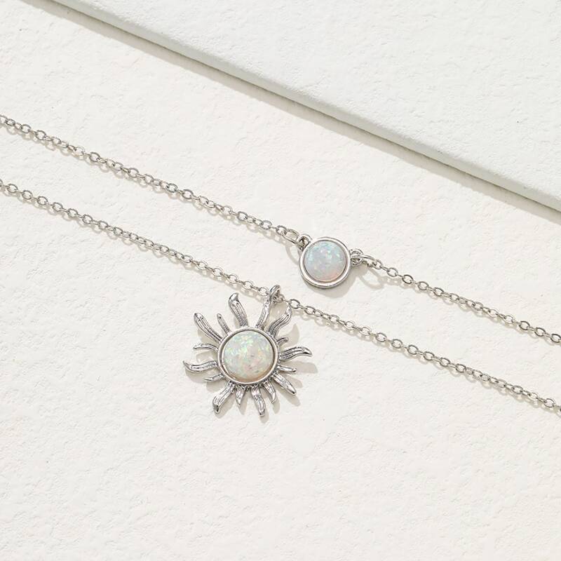 

Sun Pendant Layered Chain Necklace, Silver