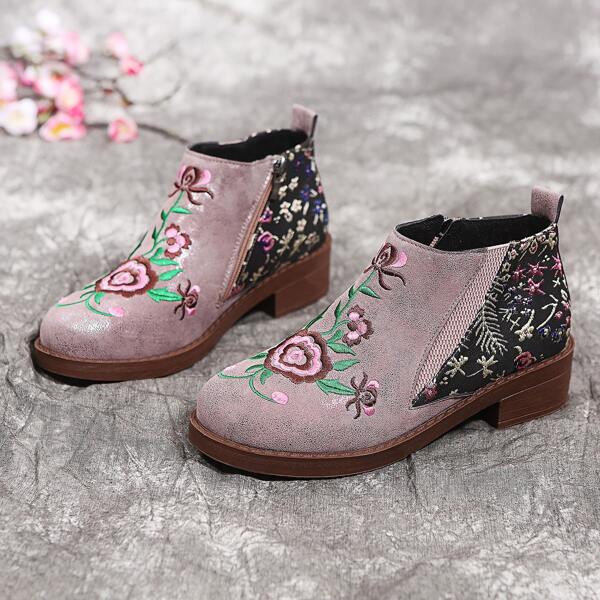 

Floral Graphic Side Zipper Booties, Purple