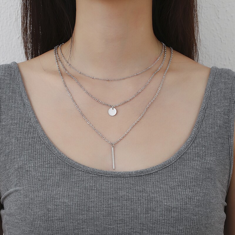 

Geo Pendant Layered Chain Necklace, Silver