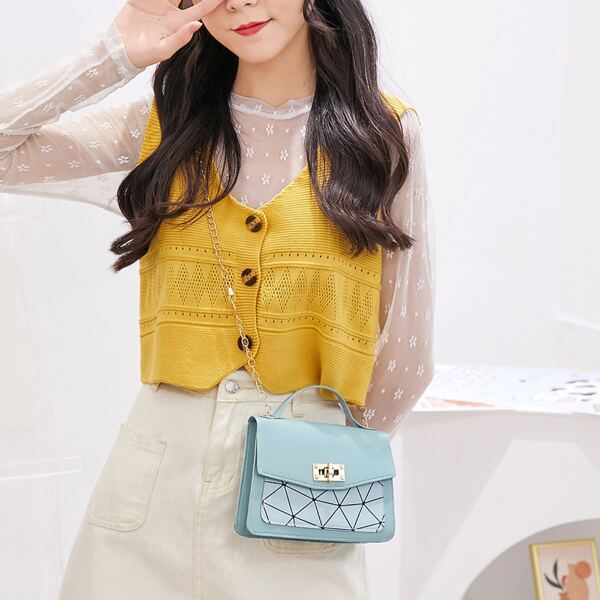 

Geometric Pattern Chain Square Bag, Blue