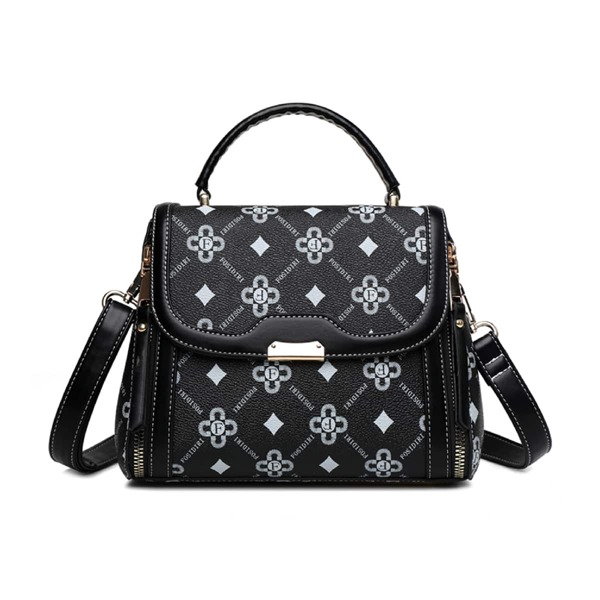 

Graphic Print Zipper Decor Satchel Bag, Black