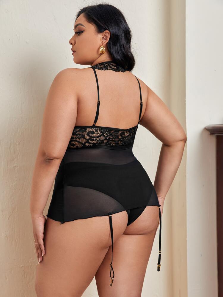 Plus Contrast Lace Garter Dress - Black - View 2