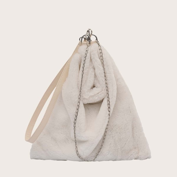 

Minimalist Chain Decor Fluffy Shoulder Bag, Beige