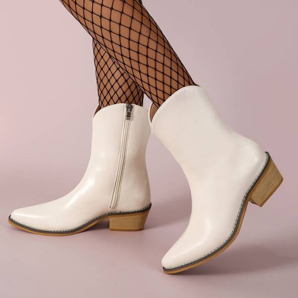 

Side Zipper Point Toe Chunky Western Boots, Beige