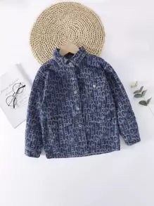 Niñas Cazadora mezclilla con estampado de letra con bolsillo con solapa - Azul lavado oscuro - Ver 1