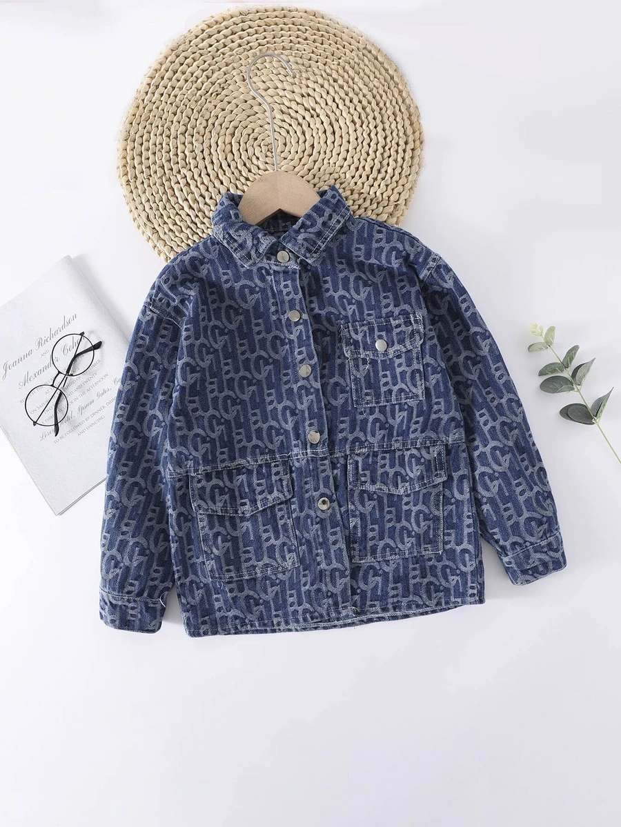 Niñas Cazadora mezclilla con estampado de letra con bolsillo con solapa - Azul lavado oscuro - Ver 1