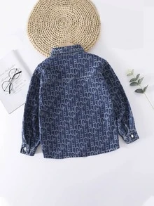 Niñas Cazadora mezclilla con estampado de letra con bolsillo con solapa - Azul lavado oscuro - Ver 2