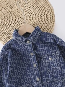 Niñas Cazadora mezclilla con estampado de letra con bolsillo con solapa - Azul lavado oscuro - Ver 3