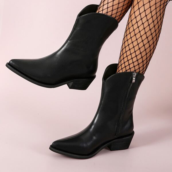 

Side Zipper Point Toe Chunky Western Boots, Black