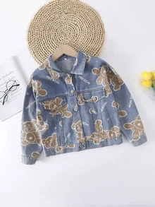 Niñas Cazadora mezclilla con estampado de oso y letra - Multicolor - Ver 1