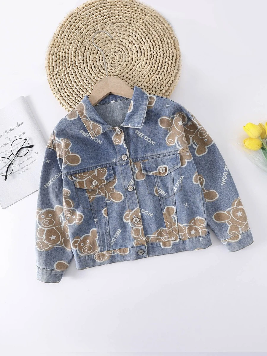 Niñas Cazadora mezclilla con estampado de oso y letra - Multicolor - Ver 1