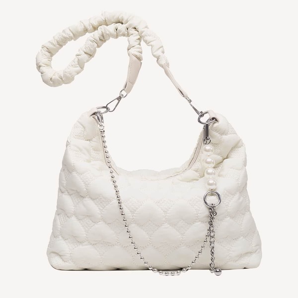 

Minimalist Quilted Faux Pearl Decor Shoulder Bag, White