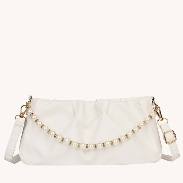 

Minimalist Faux Pearl Decor Ruched Design Shoulder Bag, White