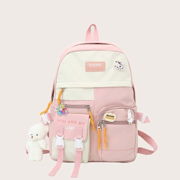 

Letter Graphic Buckle Decor Functional Backpack, Pink