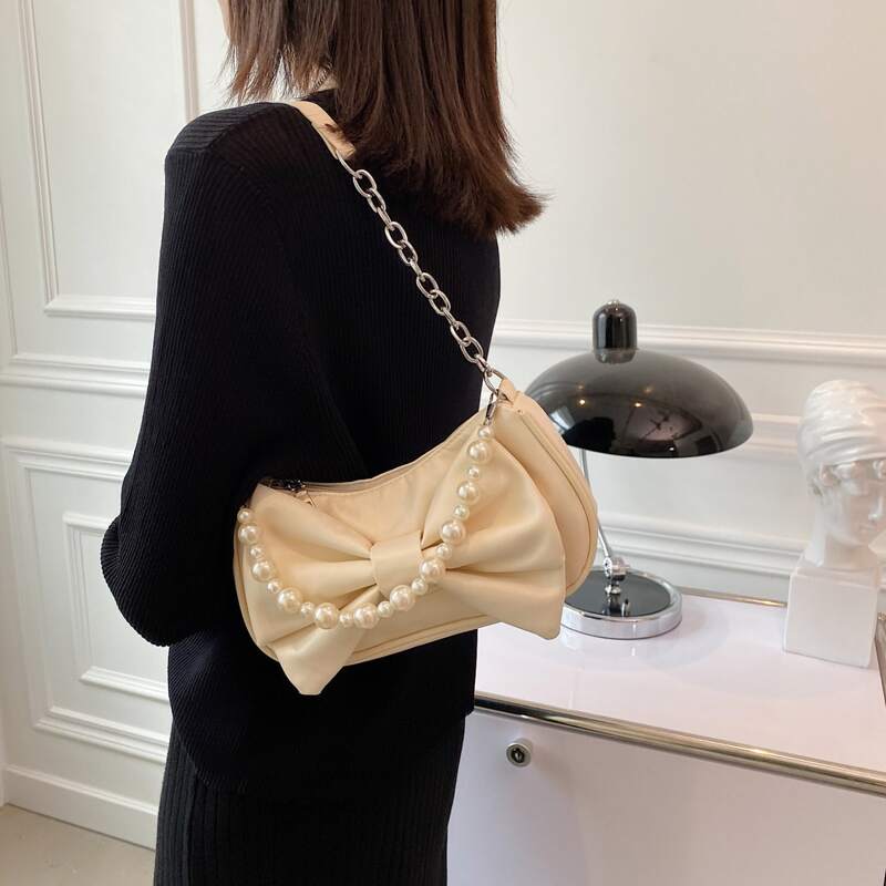

Bow & Faux Pearl Decor Shoulder Bag, Beige