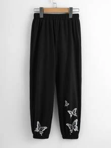女孩蝴蝶圖案衛褲 - 黑色 - 查看 1