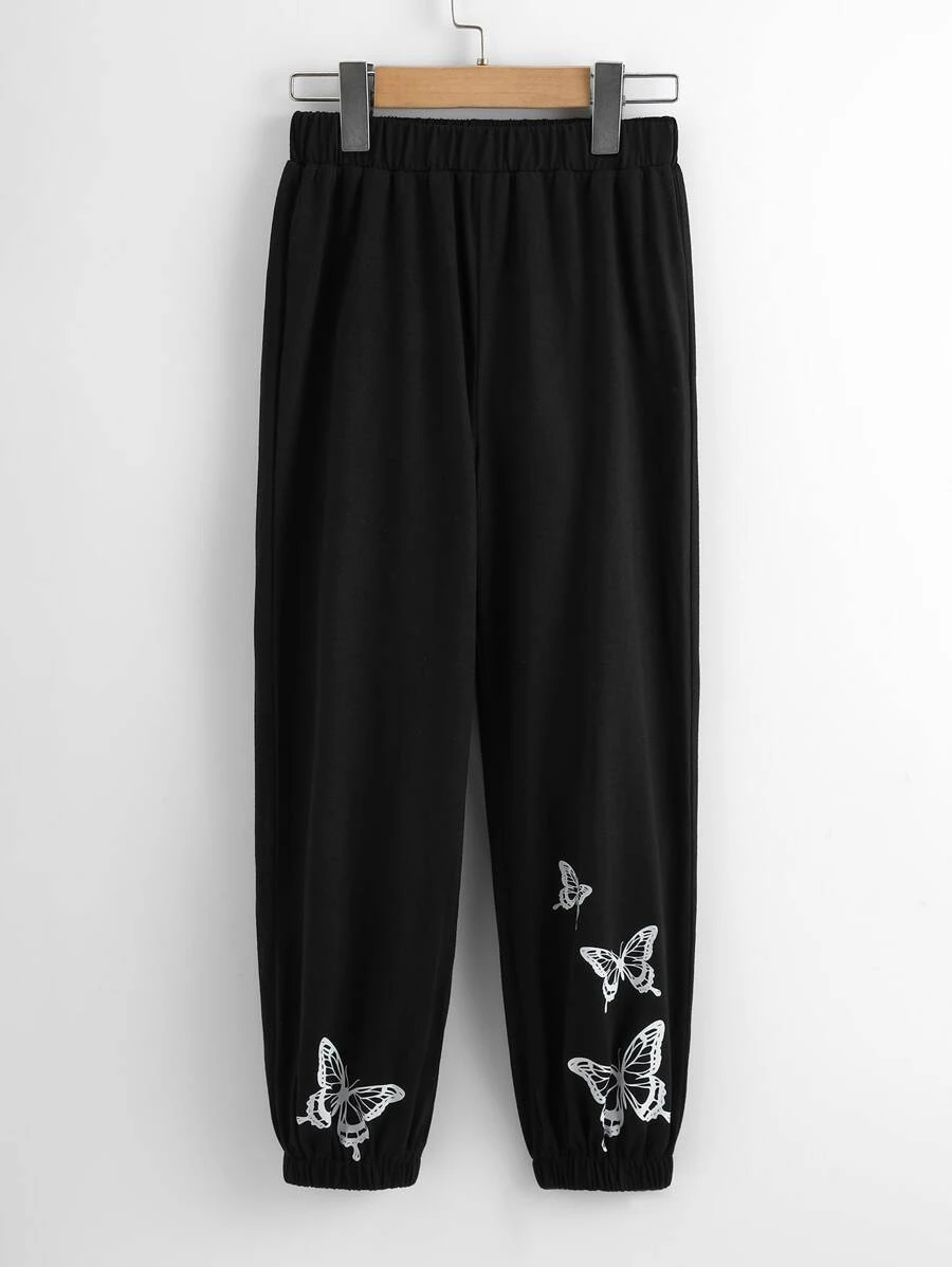 女孩蝴蝶圖案衛褲 - 黑色 - 查看 1