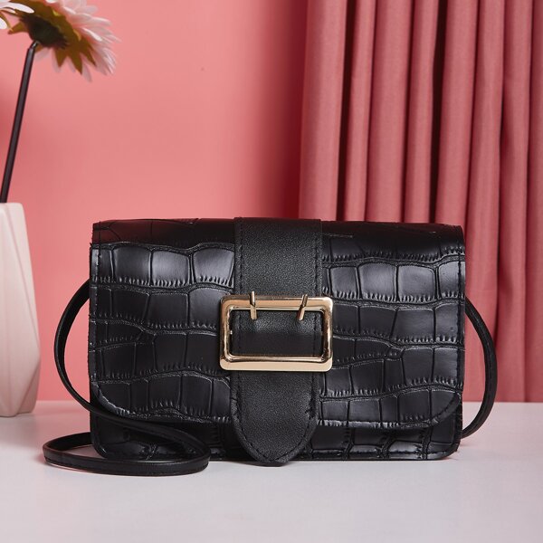 

Croc Embossed Buckle Detail Square Bag, Black