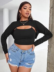 Plus Cami Top & Letter Graphic Super Crop Tee - Black - View 3