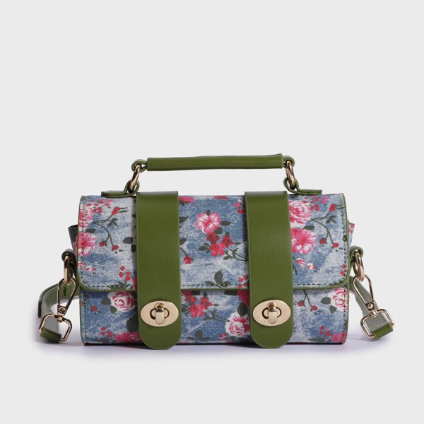 

Floral Graphic Twist Lock Satchel Bag, Multicolor