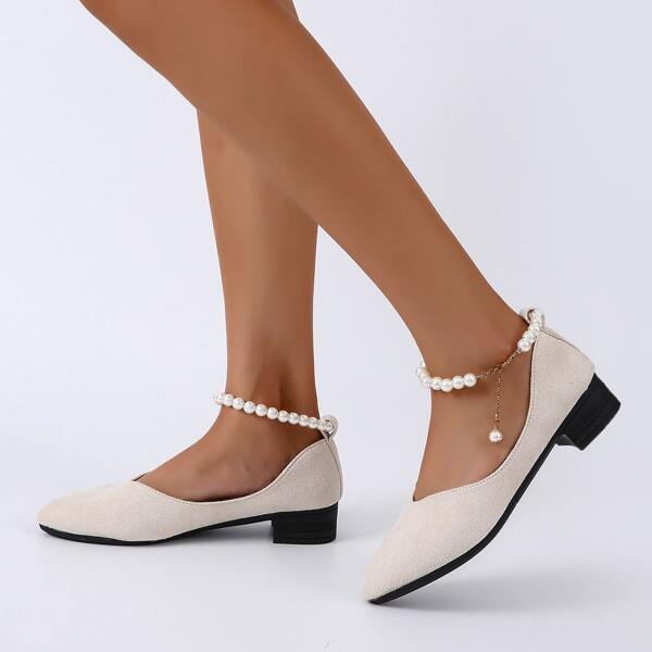 

Minimalist Faux Pearl Decor Chunky Flats, Beige