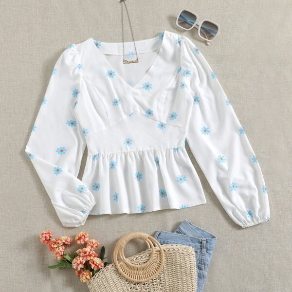 

Floral Print Bishop Sleeve Blouse, White