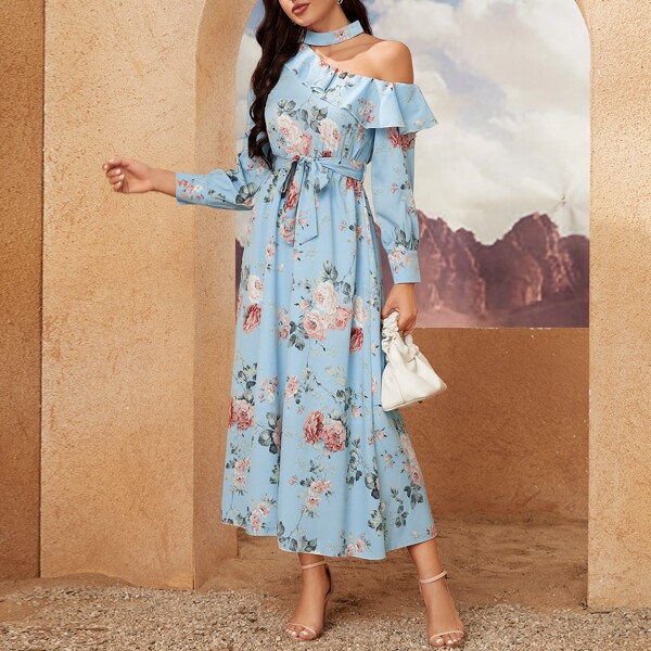 

Allover Floral Print Asymmetrical Neck Dress With Belt, Baby blue